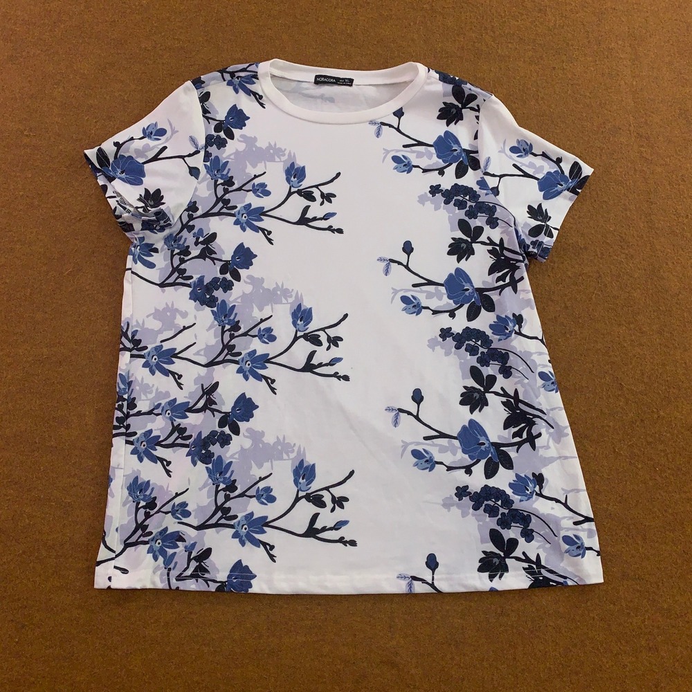 Noracora Womens XL White Blue Floral Branch Print Short Sleeve T-Shirt Top